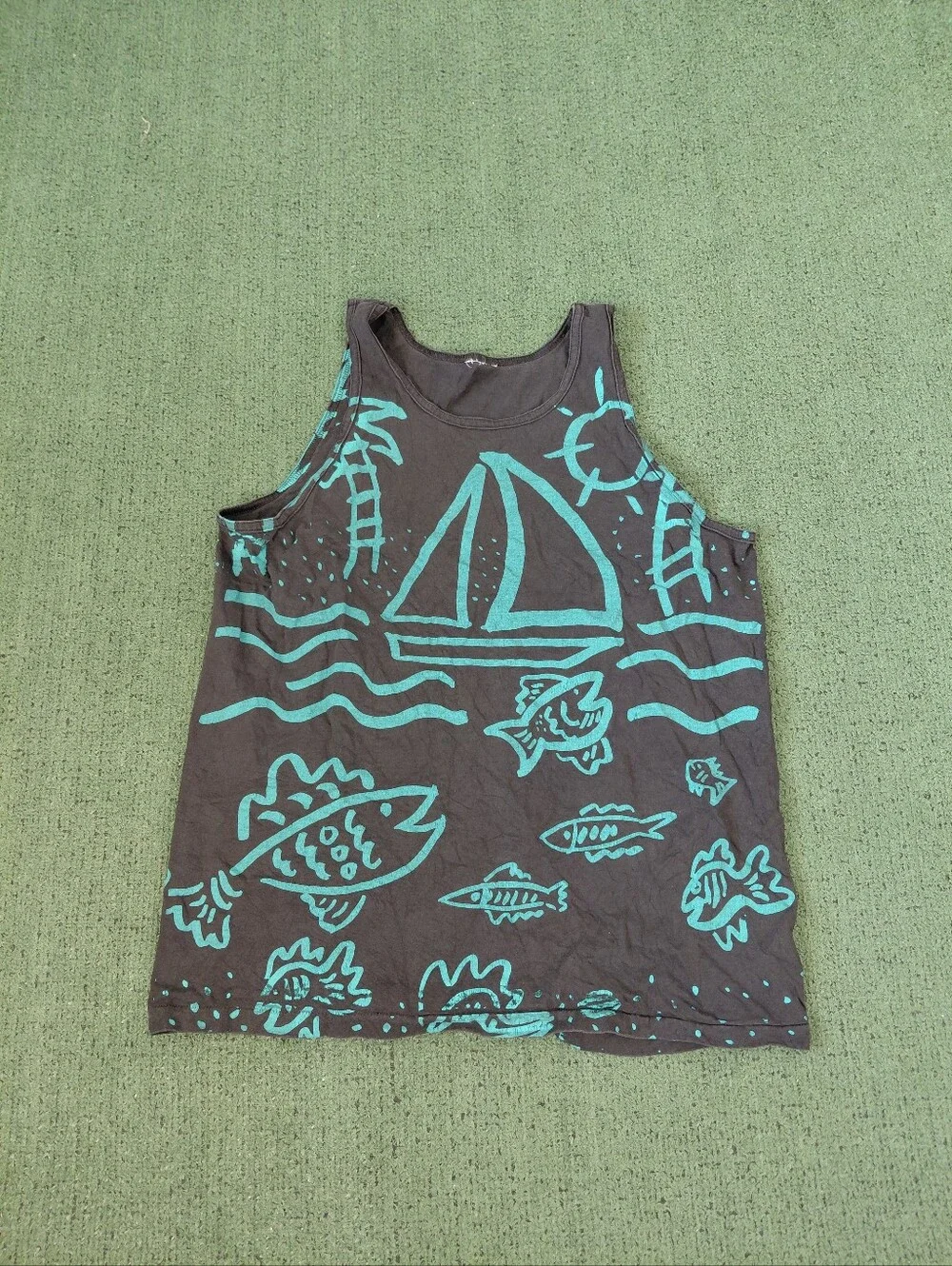 Teal Print Nautical Graphic Fish Sun Sailboat Beach Black All Over Print Tank To